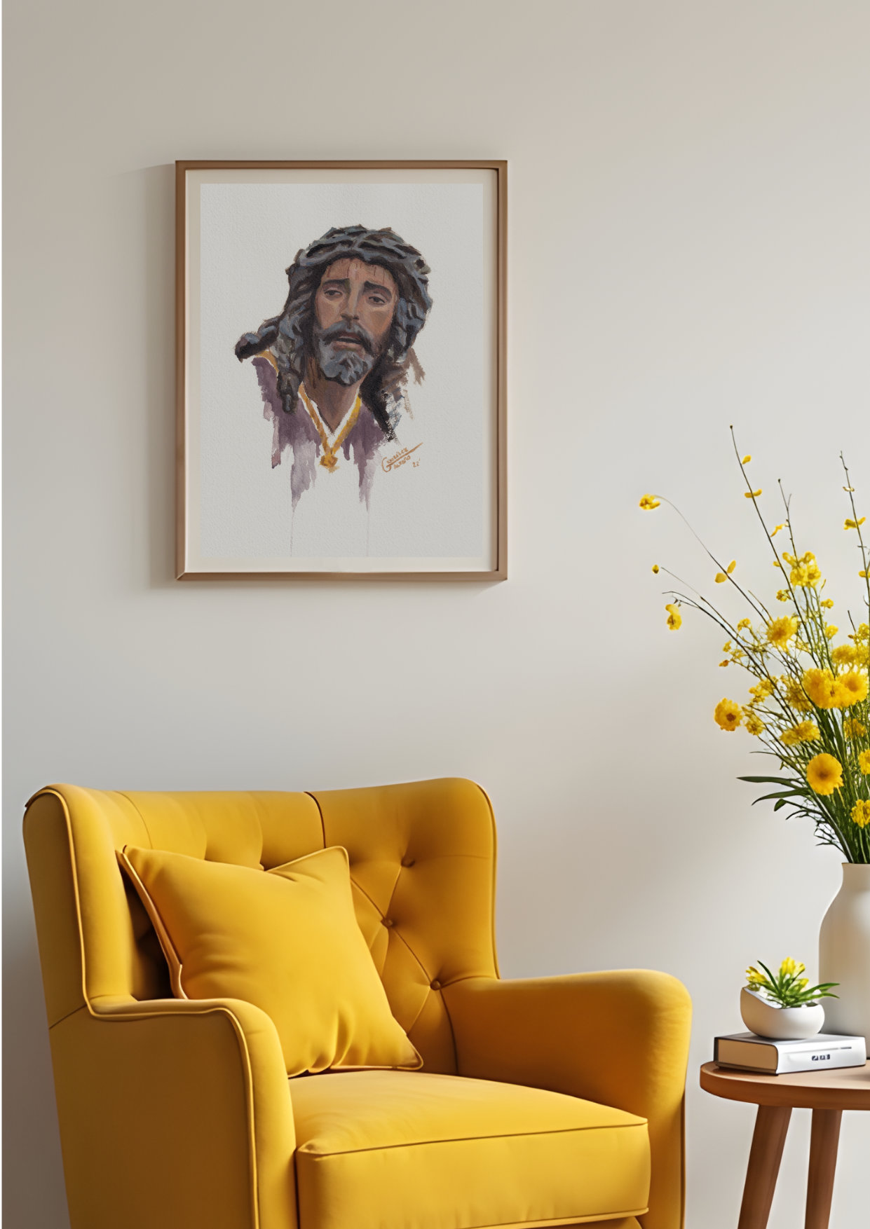 Obra de Cristo en acuarela enmarcada junto a un sillón amarillo