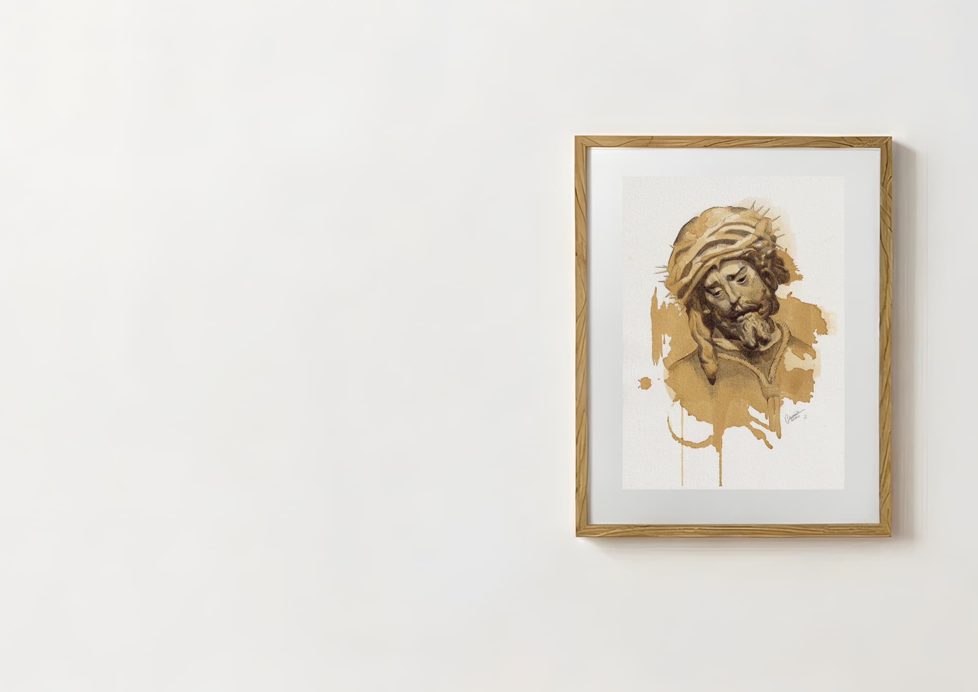 Obra original de arte sacro contemporáneo enmarcada sobre pared blanca